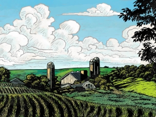 A woodcut of several barns nestled into rolling farmland, with large clouds rolling by in the background.