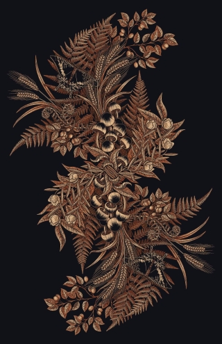 A woodcut style digital illustration with intertwining mushrooms, ferns, and flowers.