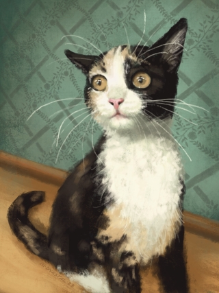 A calico cat sits in front of a wall with green wallpaper. One ear is forward, the other back, and she is contemplating havoc.