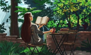 A painting of a young woman in a gray sweater sitting in a sunny garden, reading a book and holding a mug of tea.