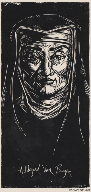 A woodcut of an old woman in an abbess's habit, looking directly at the viewer. "Hildegard Von Bingen" is etched below her portrait.