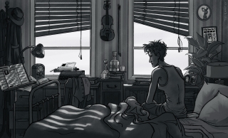 A black and white picture of a woman sitting in an unmade bed. Morning light comes through the blinds and casts bars on a messy room.