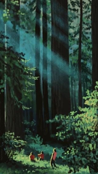 Sunbeams filter through a dark forest in this painting. Two children play in a sunny spot while an adult looks on.