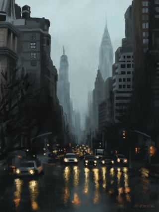 A painting of a rainy and misty New York City morning. Car headlights reflect off rainy streets.