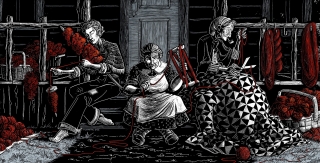 A woodcut of three women sitting on a wooden stoop, surrounded by red roving and yarn. One spins, one measures, and one cuts.