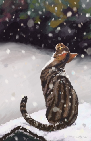 A brown blotched tabby sits on a stoop on a very snowy day, looking up at the flakes falling around her.