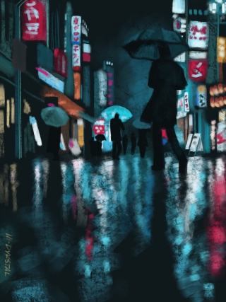 On a rainy night, people with umbrellas walk along a city street in a Japanese city. A riot of street signs reflect off the wet pavement.
