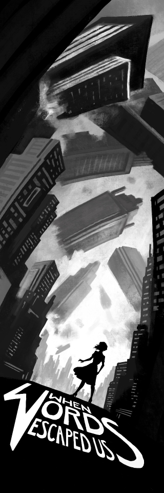 An illustration of a young woman silhouetted against a city skyline. Skyscrapers have been torn apart and are suspended in midair.