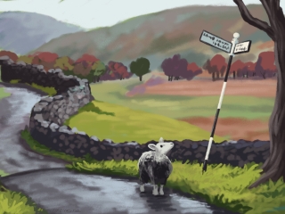 A painting of a Herdwick lamb on a wet road in the English countryside. He looks up at a cooked road sign, feeling lost.